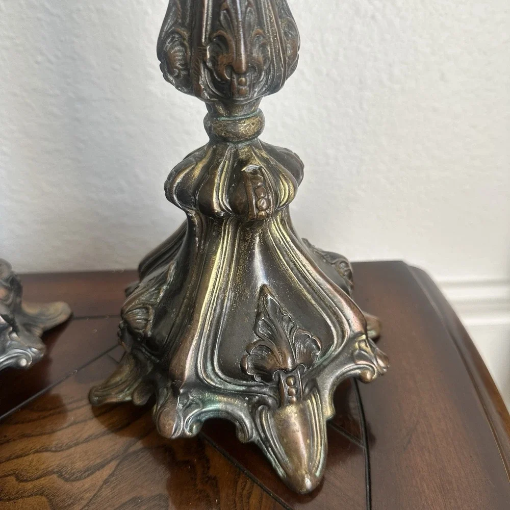 Antique Victorian Candlestick Pair 13 Inch‎ Baroque Footed Copper Bronze Gilt